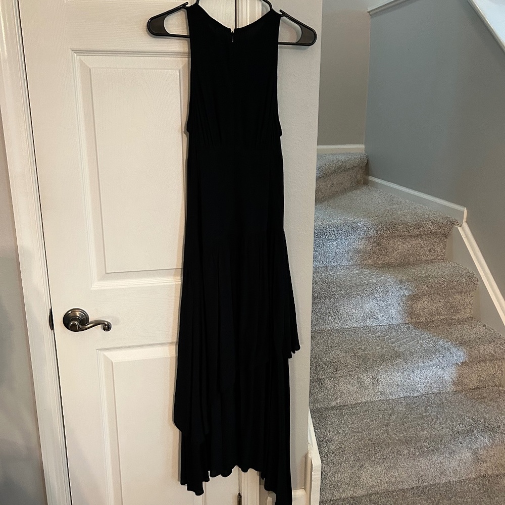 Chelsea28, long black dress, layered fabric, asymmetrical hem